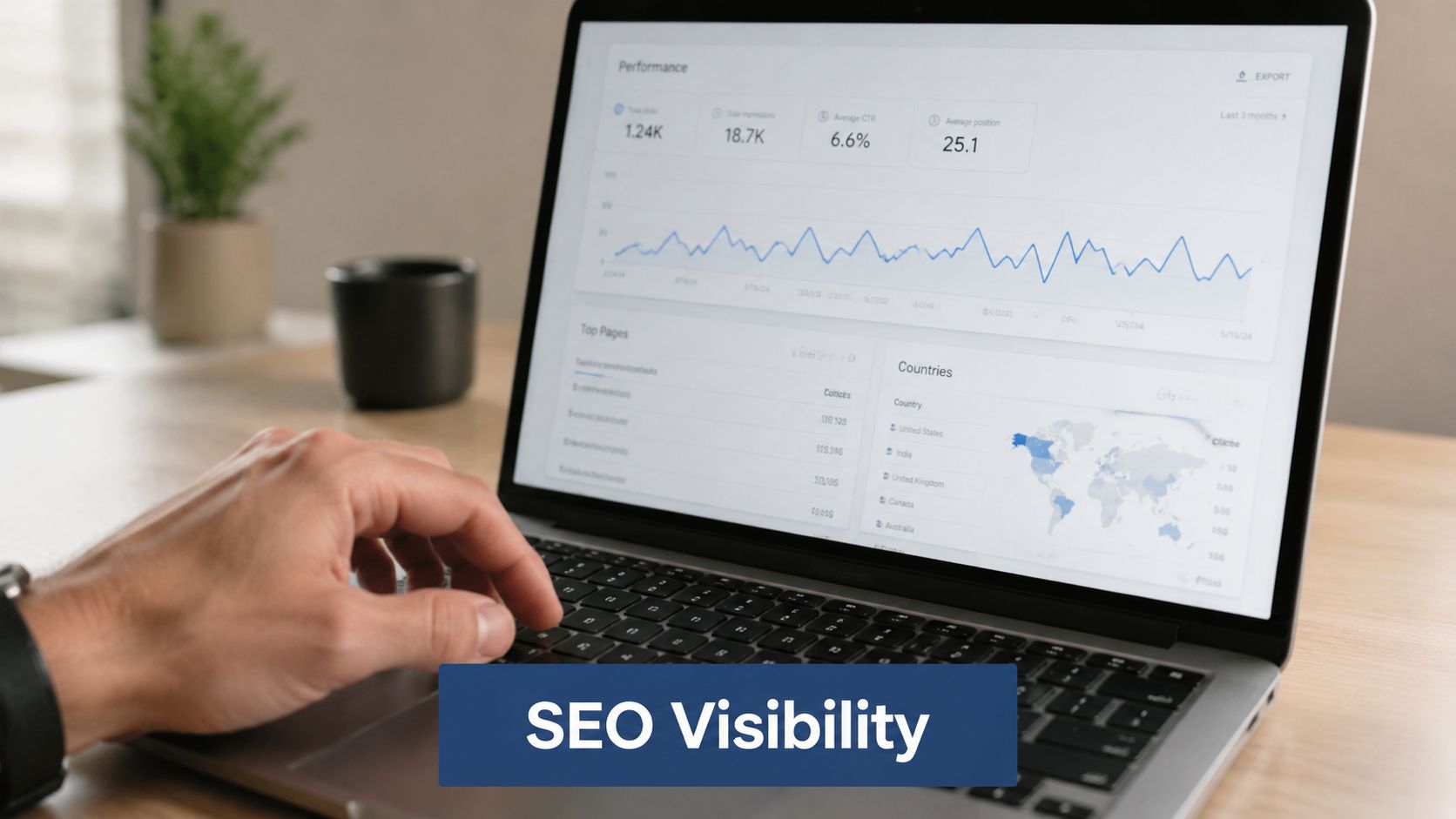 A close-up view of a person using a laptop to view SEO performance data and analytics.