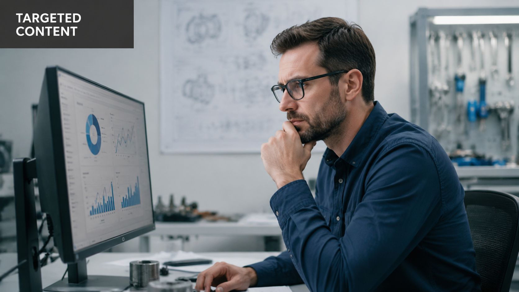 A focused male engineer analyzes technical data charts on a computer monitor in a manufacturing workshop.