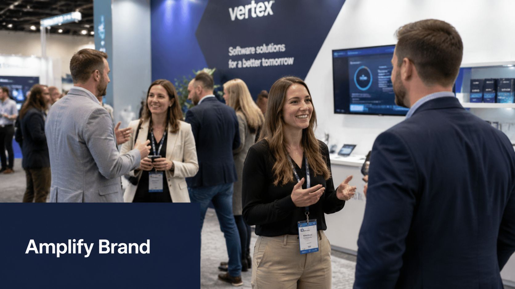 Professionals networking at a corporate booth during a business conference to represent their manufacturer brand.