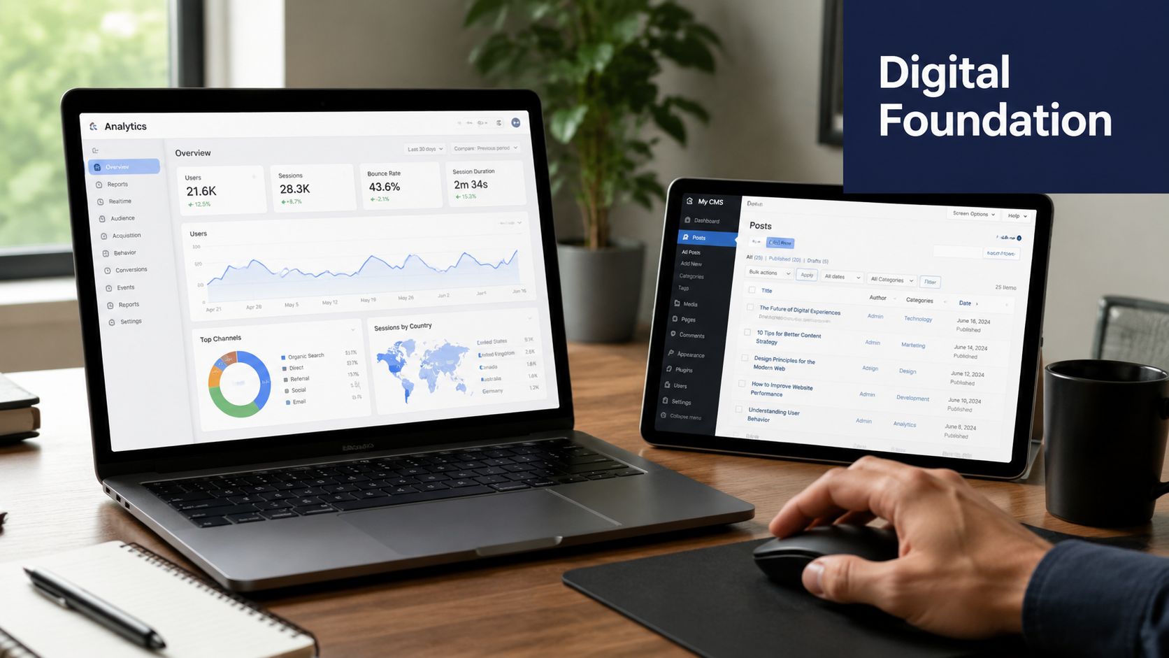 A laptop and tablet displaying digital analytics and content management dashboards on a wooden desk with coffee.