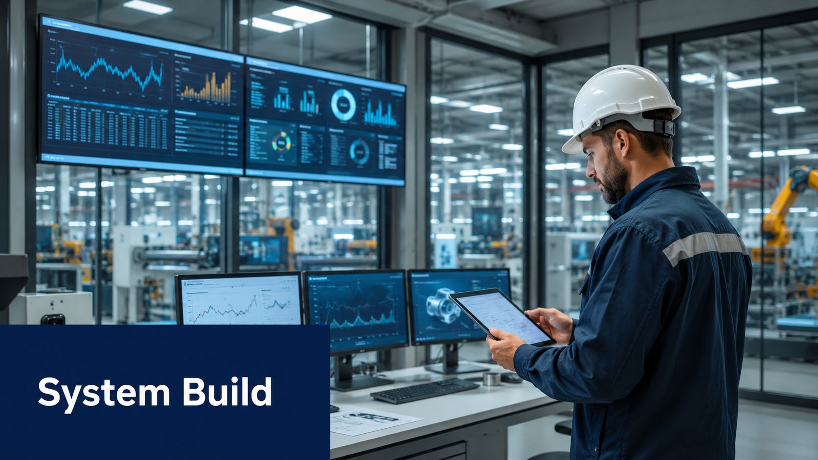 A professional engineer in a factory monitoring data dashboards and using a tablet for manufacturing management.