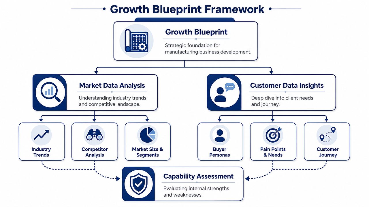 A diagram illustrating a strategic Growth Blueprint Framework for manufacturing business development through data analysis and customer insights.
