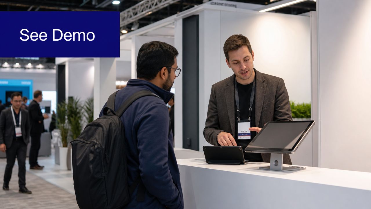 A professional man in a blazer explains business technology to a client at a trade show booth.
