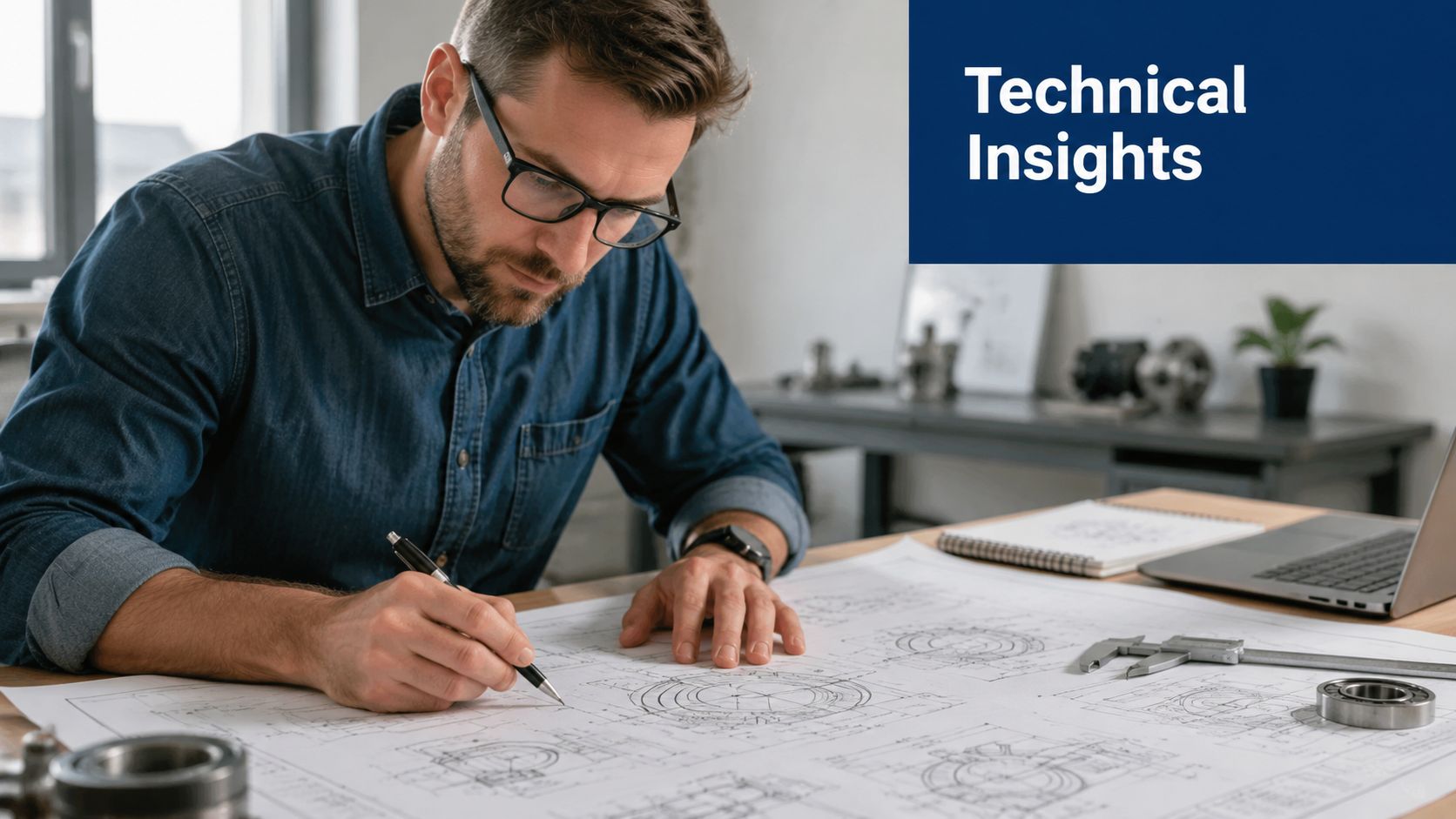 A professional engineer in a denim shirt drafting mechanical designs on blueprints at his office desk.