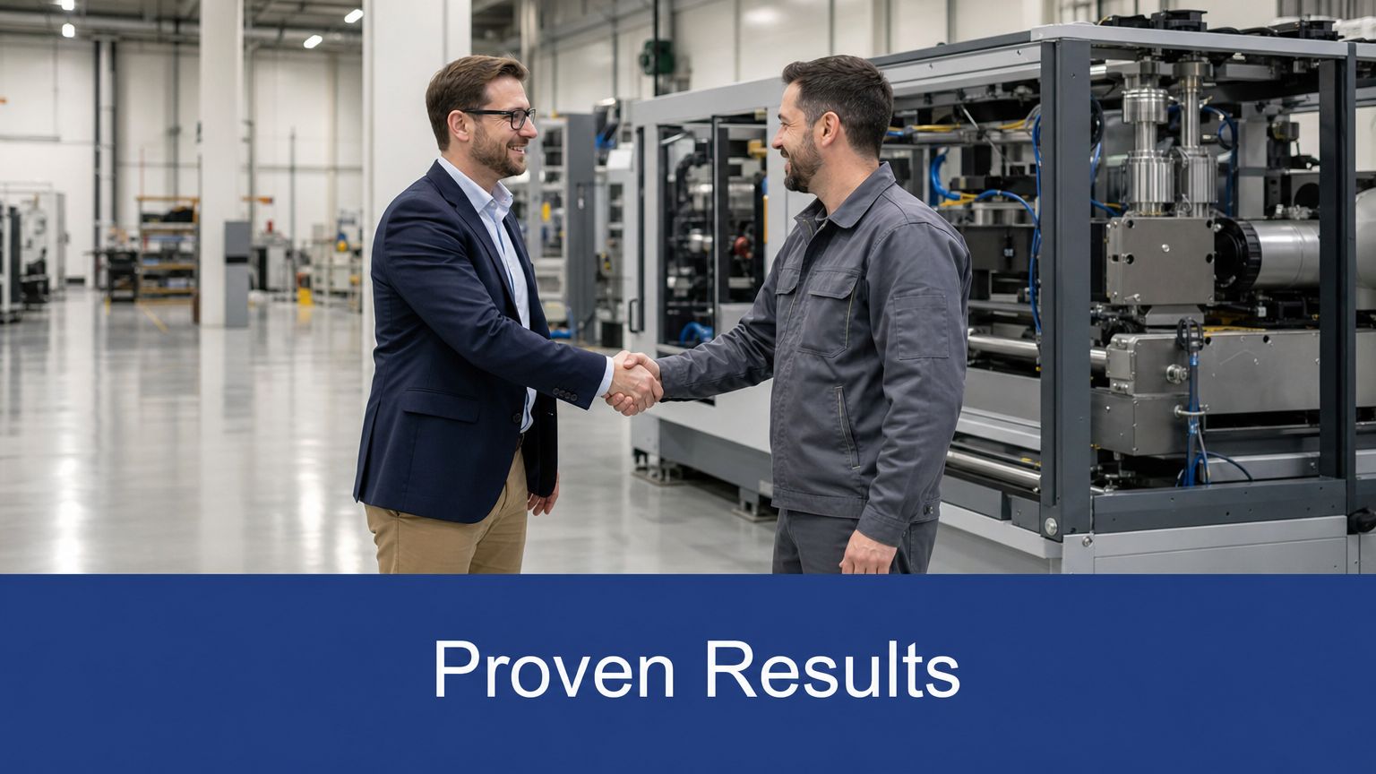 A professional man in a suit shakes hands with a technician in front of industrial machinery.