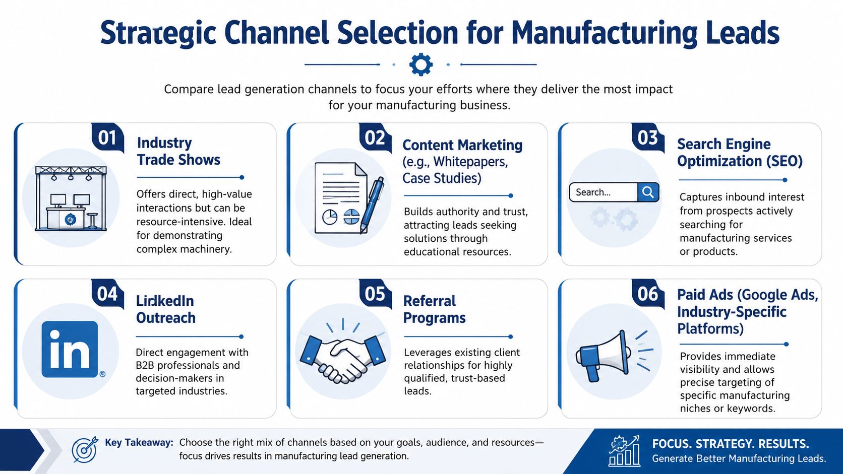 An infographic illustrating six strategic lead generation channels for manufacturing businesses including trade shows, content, and SEO.