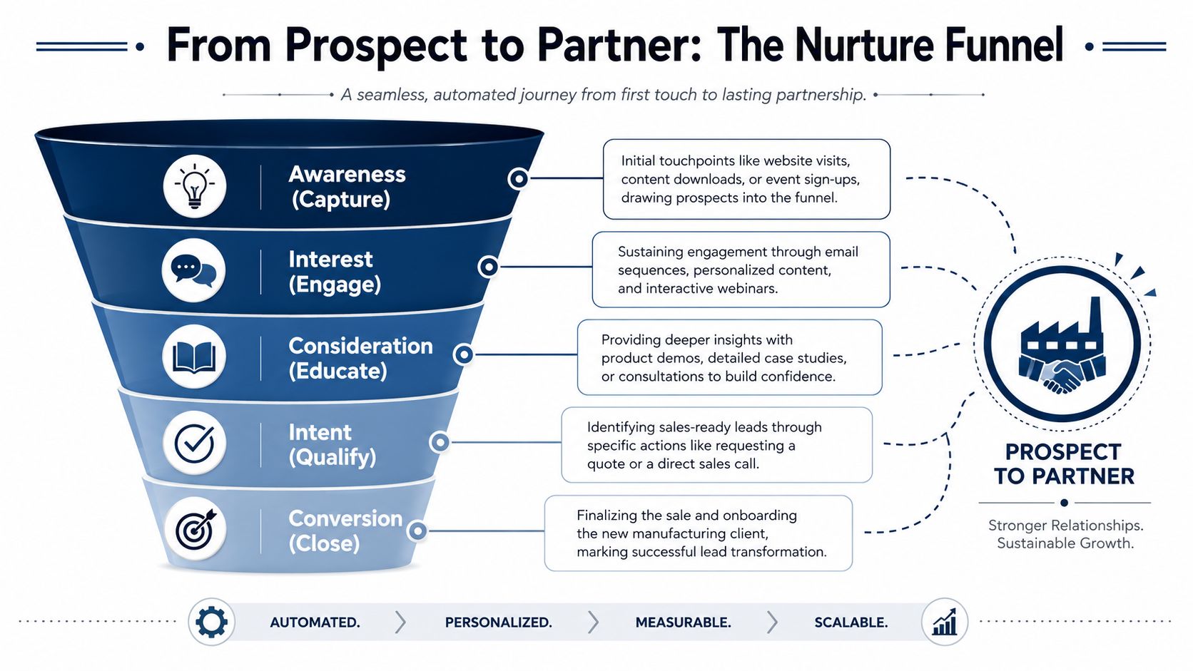 A funnel diagram illustrating the five stages of a manufacturing lead generation process from prospect to partner.