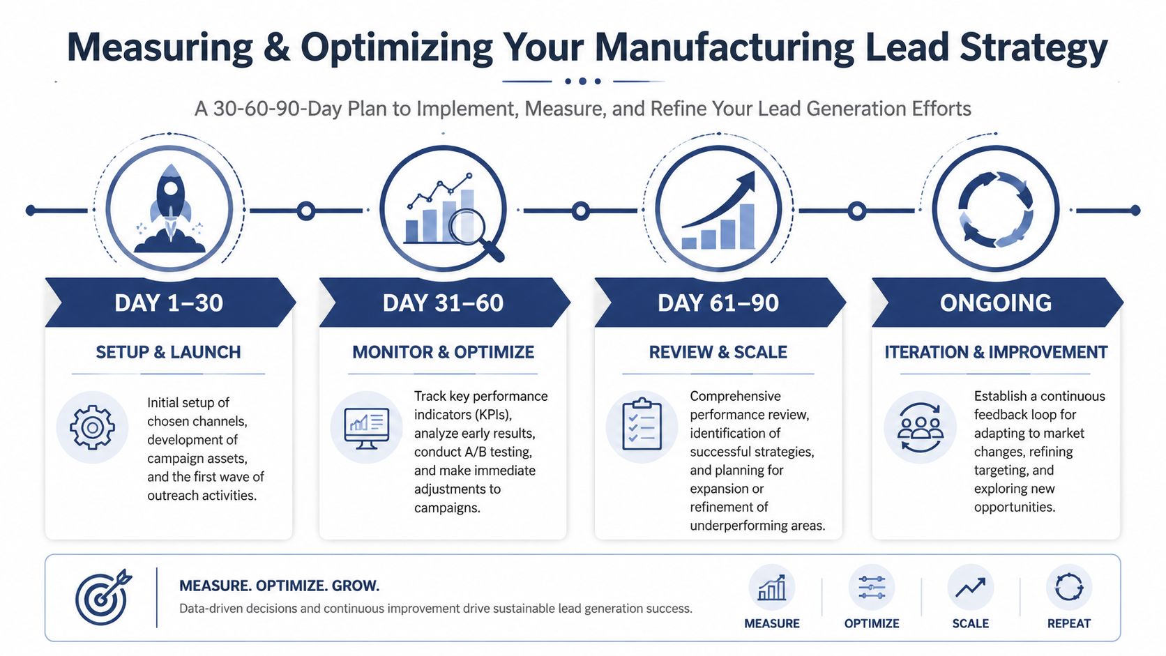 A 30-60-90-day strategy infographic for measuring and optimizing lead generation efforts in the manufacturing industry.