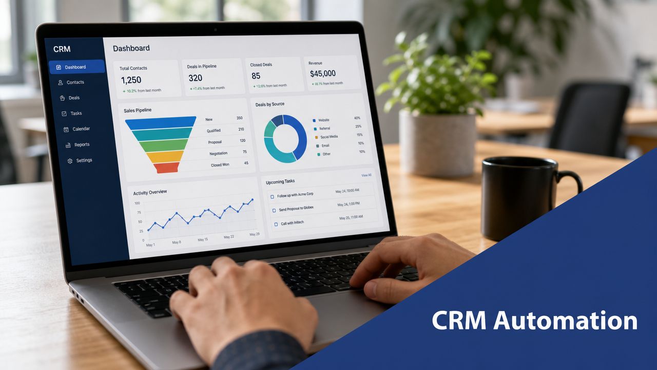 A person working on a laptop displaying a CRM dashboard with sales funnel and task tracking analytics.