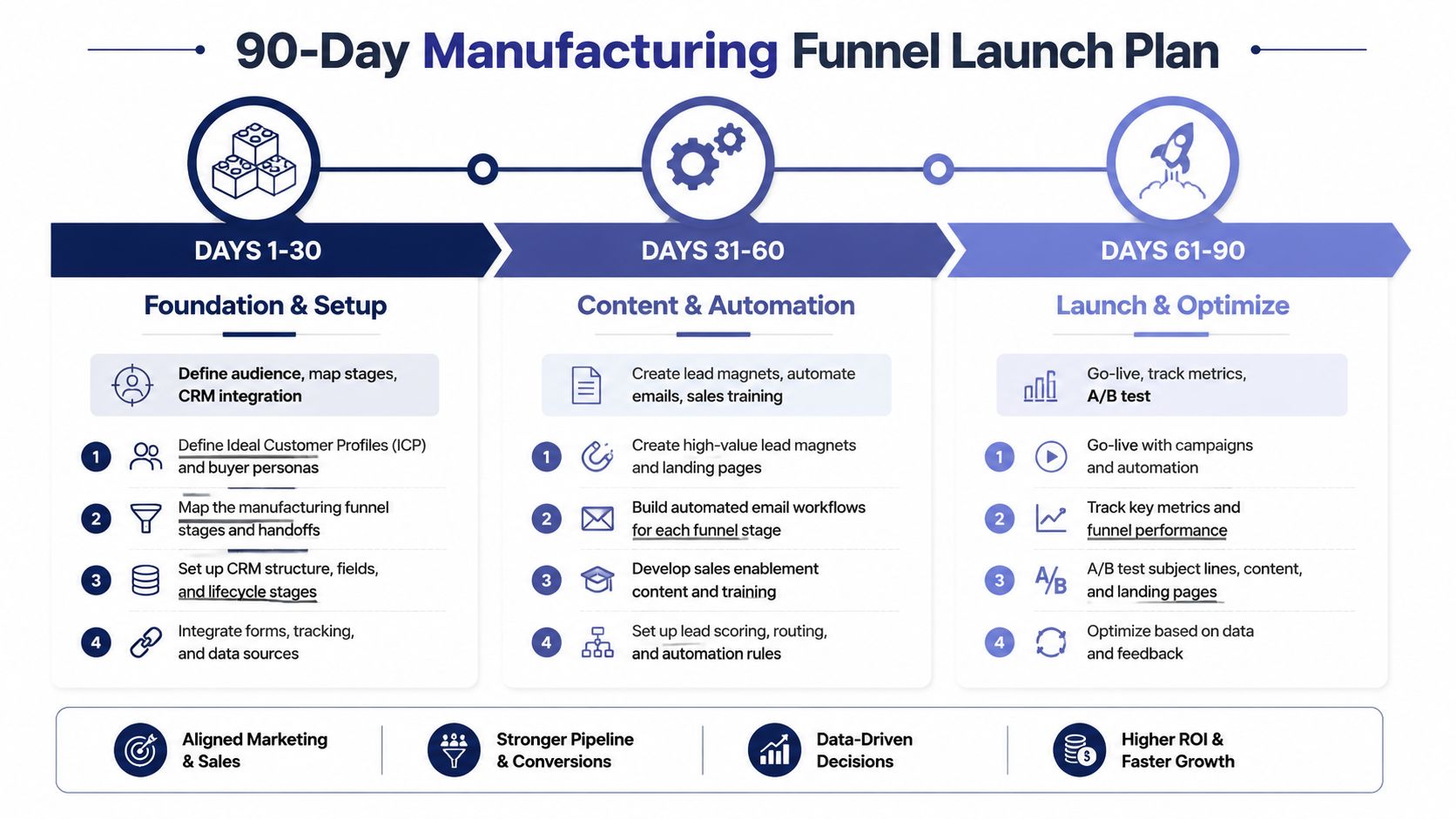 A 90-day manufacturing funnel launch plan infographic showing three phases: foundation, content automation, and launch optimization.