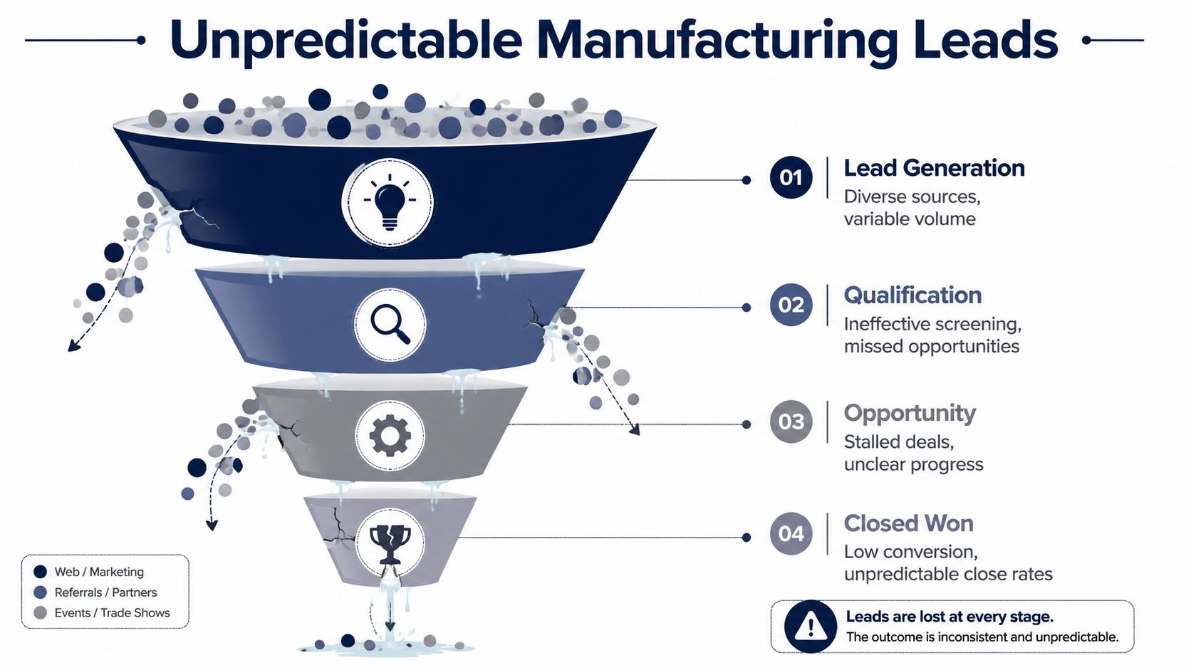 A diagram illustrating a leaking manufacturing sales funnel with four stages representing inefficient lead management processes.