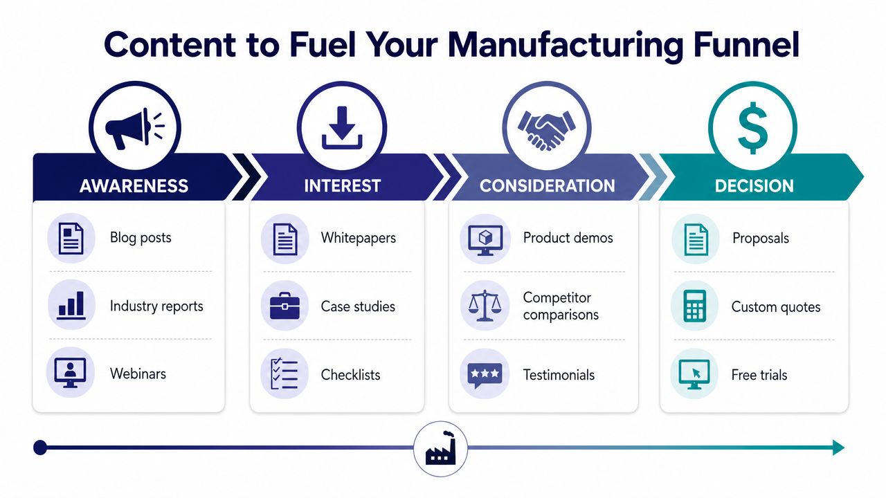 A marketing funnel infographic outlining content types for awareness, interest, consideration, and decision stages in manufacturing sales.