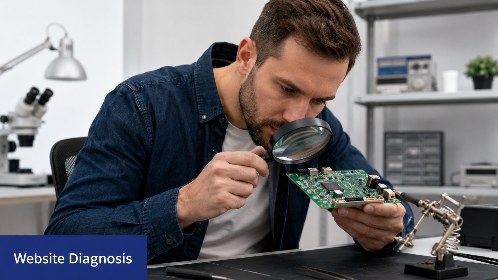 A technician examining a circuit board with a magnifying glass for a manufacturing website SEO analysis.