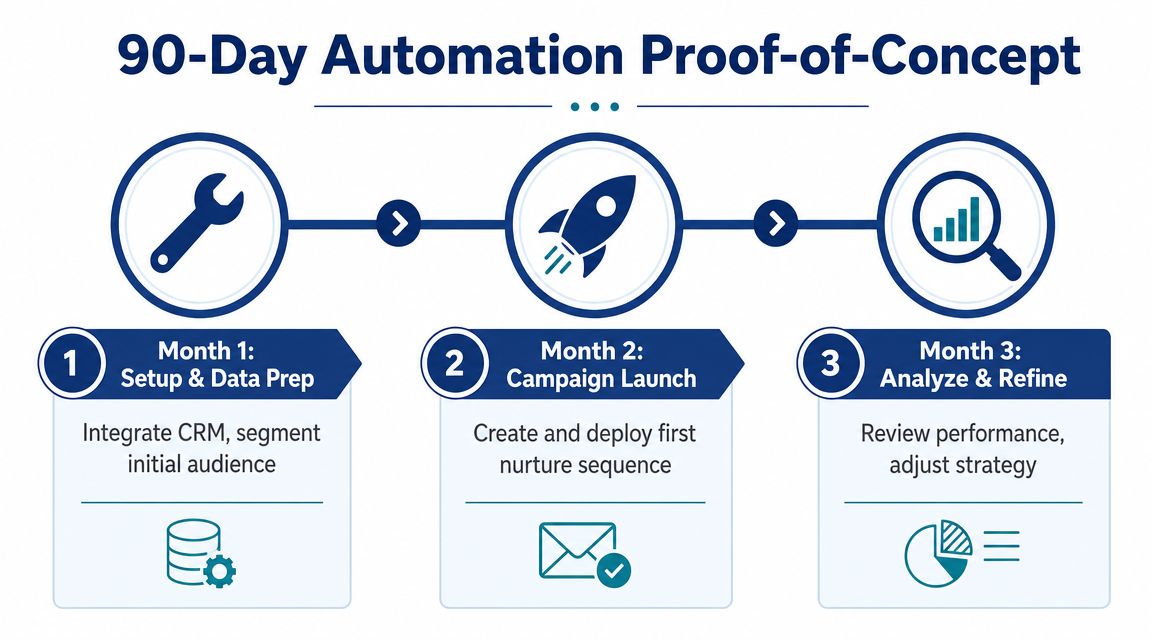 A 90-day automation proof-of-concept roadmap with three stages for setup, launch, and analysis phases.