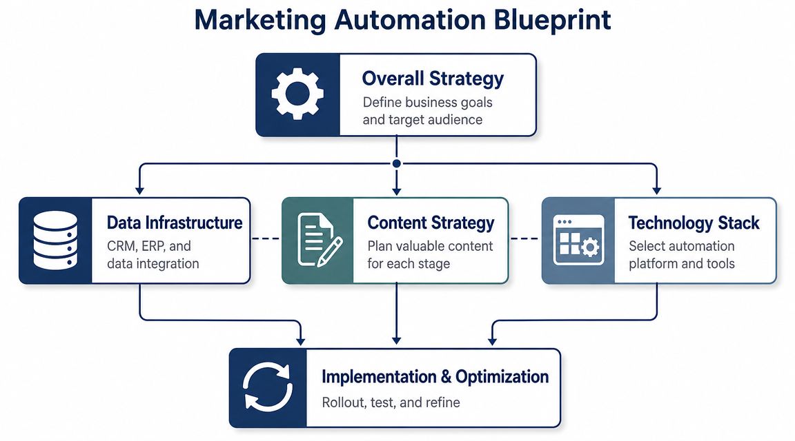 A comprehensive flowchart outlining the core components of a professional marketing automation strategy for business success.