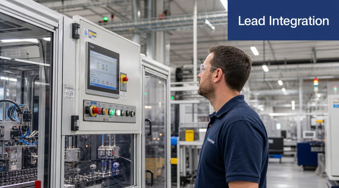 A technician wearing safety glasses monitors an industrial machine control panel in a modern manufacturing facility.