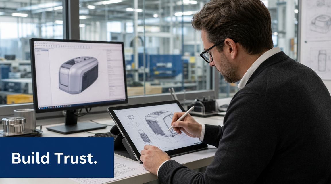 A professional industrial designer works on a 3D product model using a digital tablet and computer monitor.