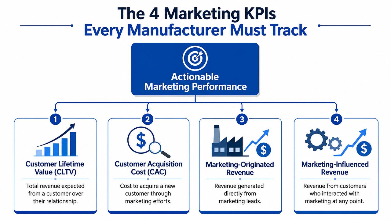 A diagram outlining the four essential marketing KPIs for manufacturers to measure marketing performance and revenue growth.