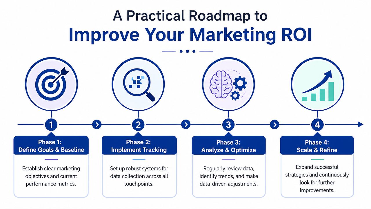 A four-phase practical roadmap illustrating steps to improve marketing ROI through goal setting, tracking, optimization, and scaling.