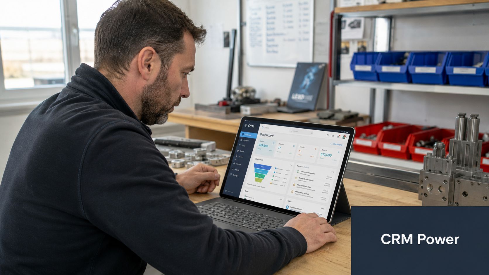 A technician working on a tablet displaying a CRM dashboard in a manufacturing machine shop environment.