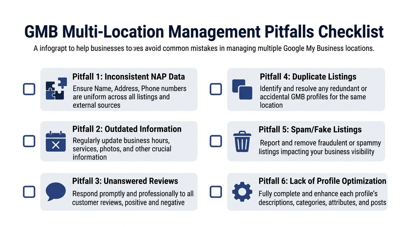 A checklist infographic outlining six common pitfalls to avoid when managing multiple Google My Business location profiles.