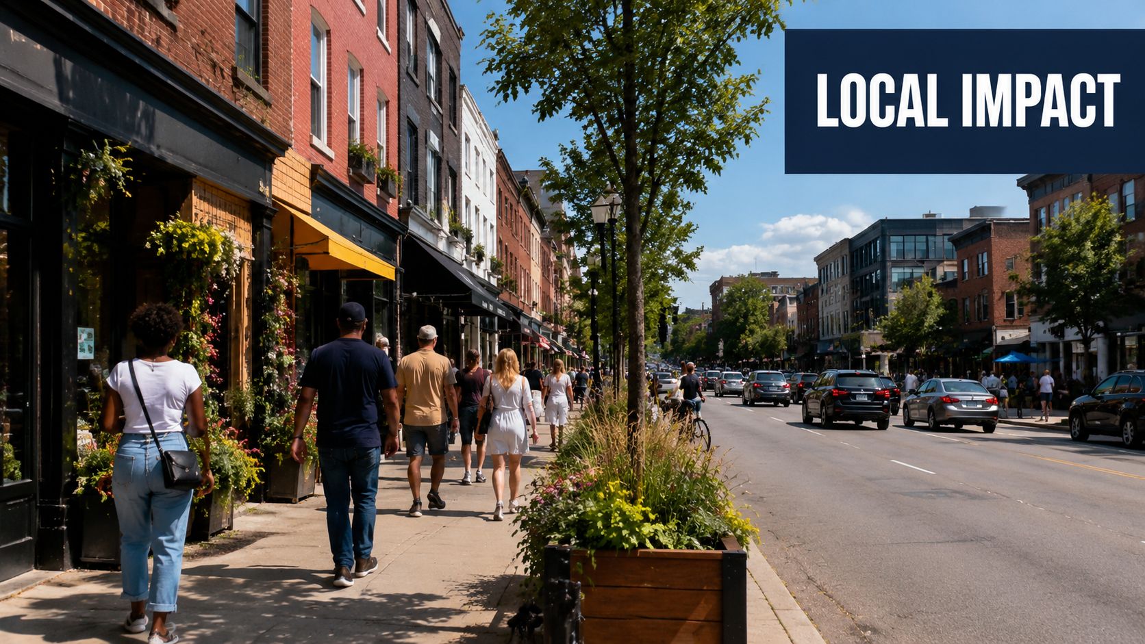 A vibrant city street with people walking on the sidewalk past shops and parked cars.