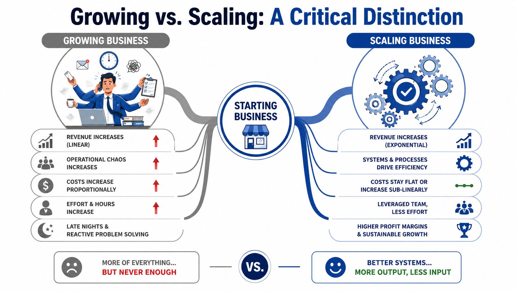 An infographic comparing the differences between a growing business and a scaling business with key characteristics.