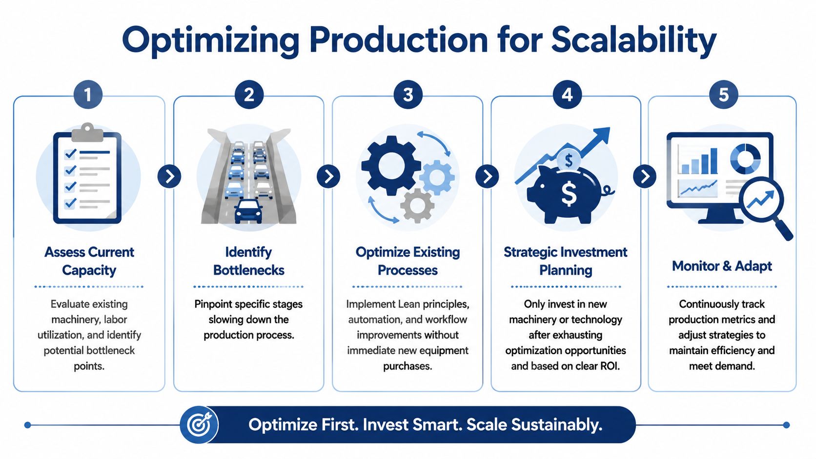 A five-step diagram illustrating a roadmap for optimizing production for scalability in a manufacturing environment.