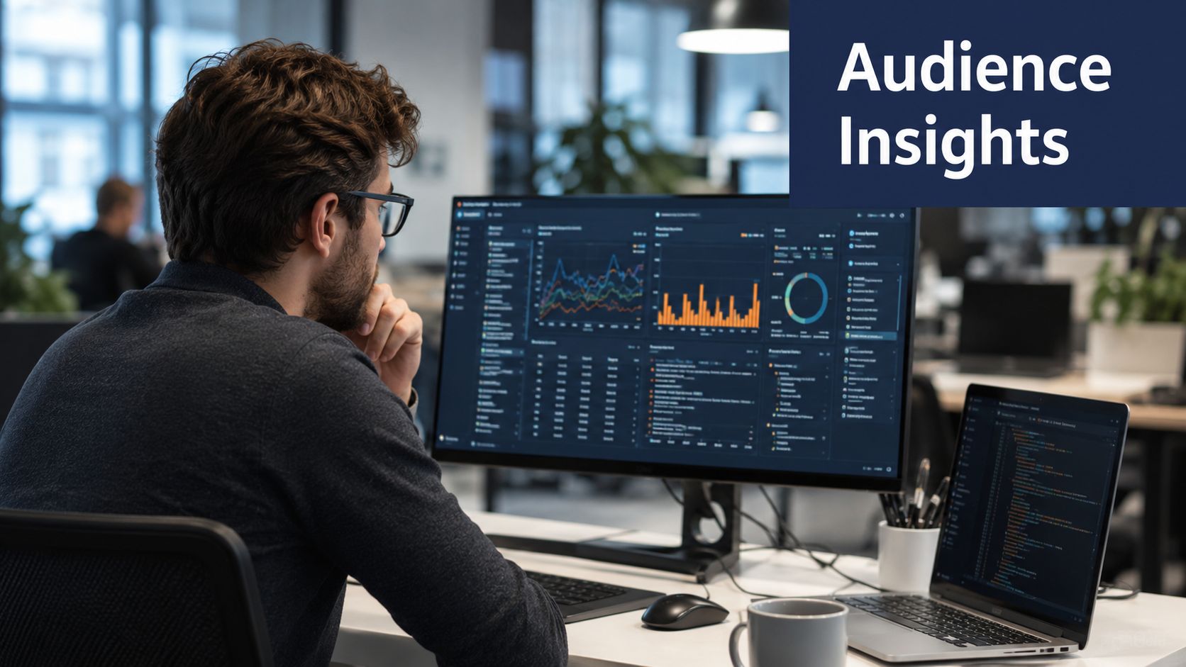 A professional developer analyzing complex data analytics dashboards on multiple screens at a modern office workspace.