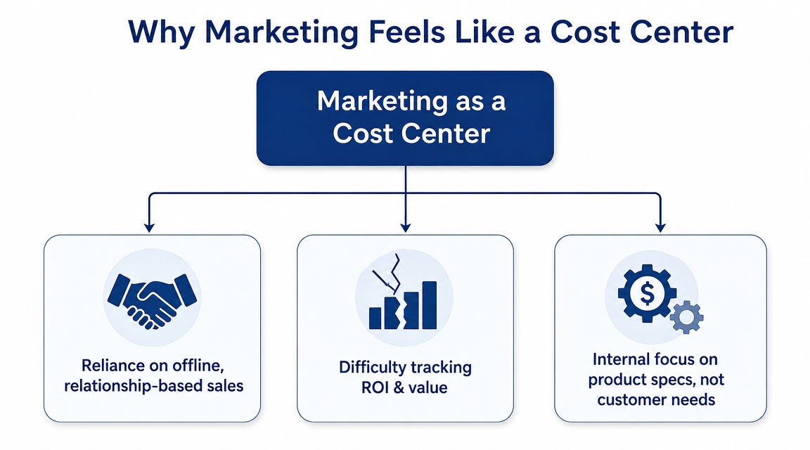 A diagram explaining why marketing is often perceived as a cost center for manufacturing businesses.