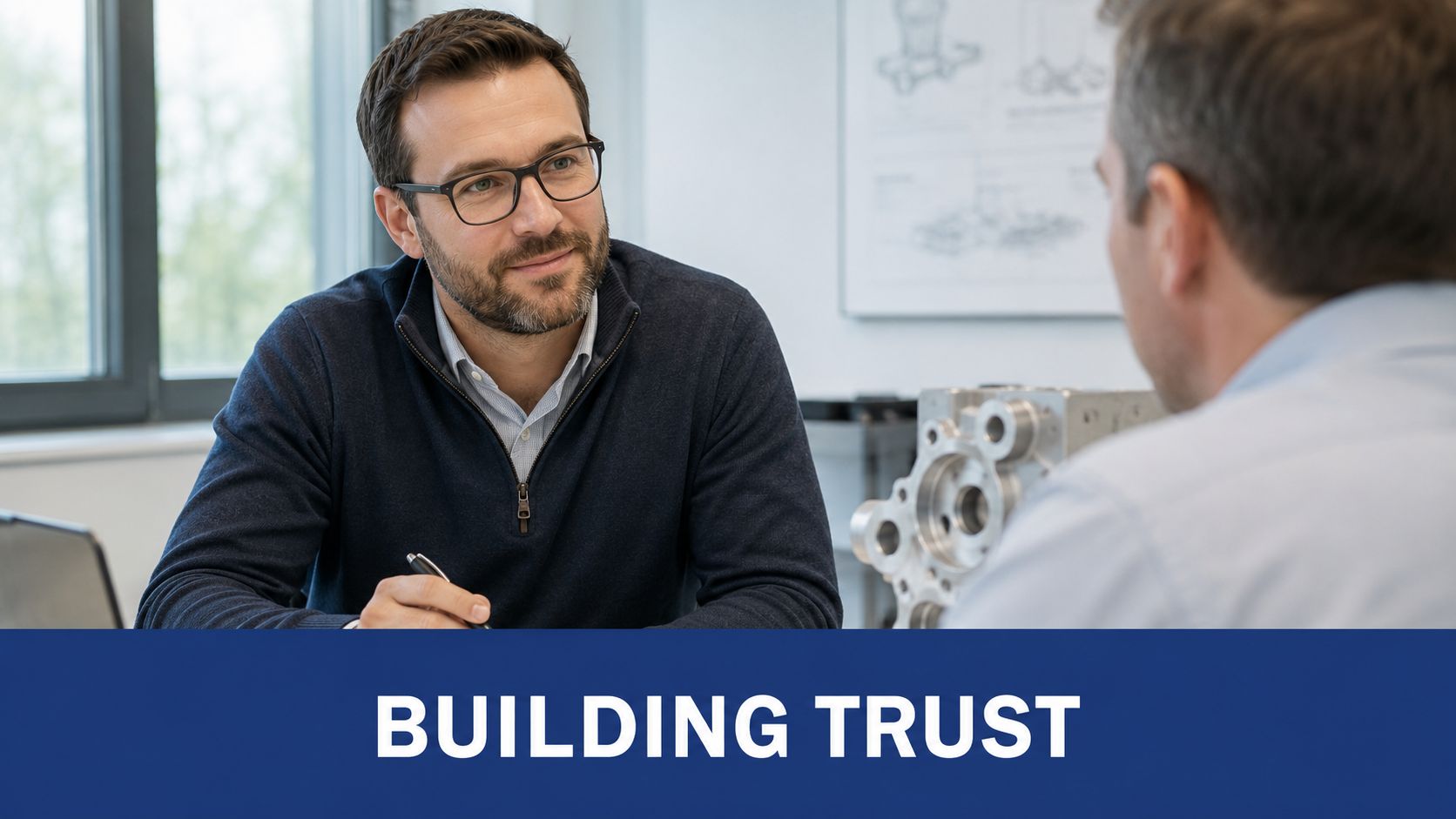 A professional man with glasses sitting at a desk discussing business matters with a colleague.