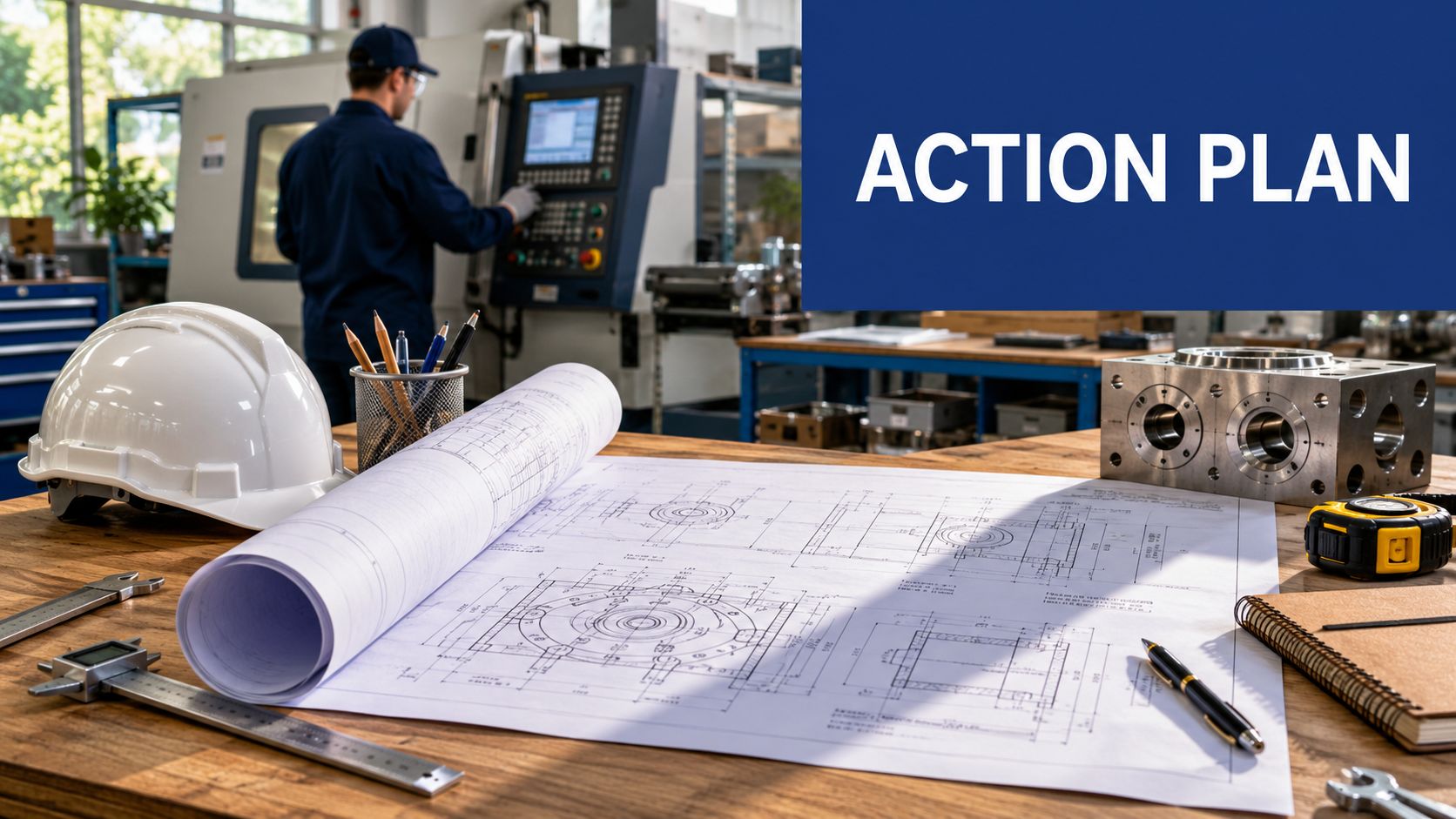 A professional engineer working at a workshop desk with blueprints, a hard hat, and precision measuring tools.