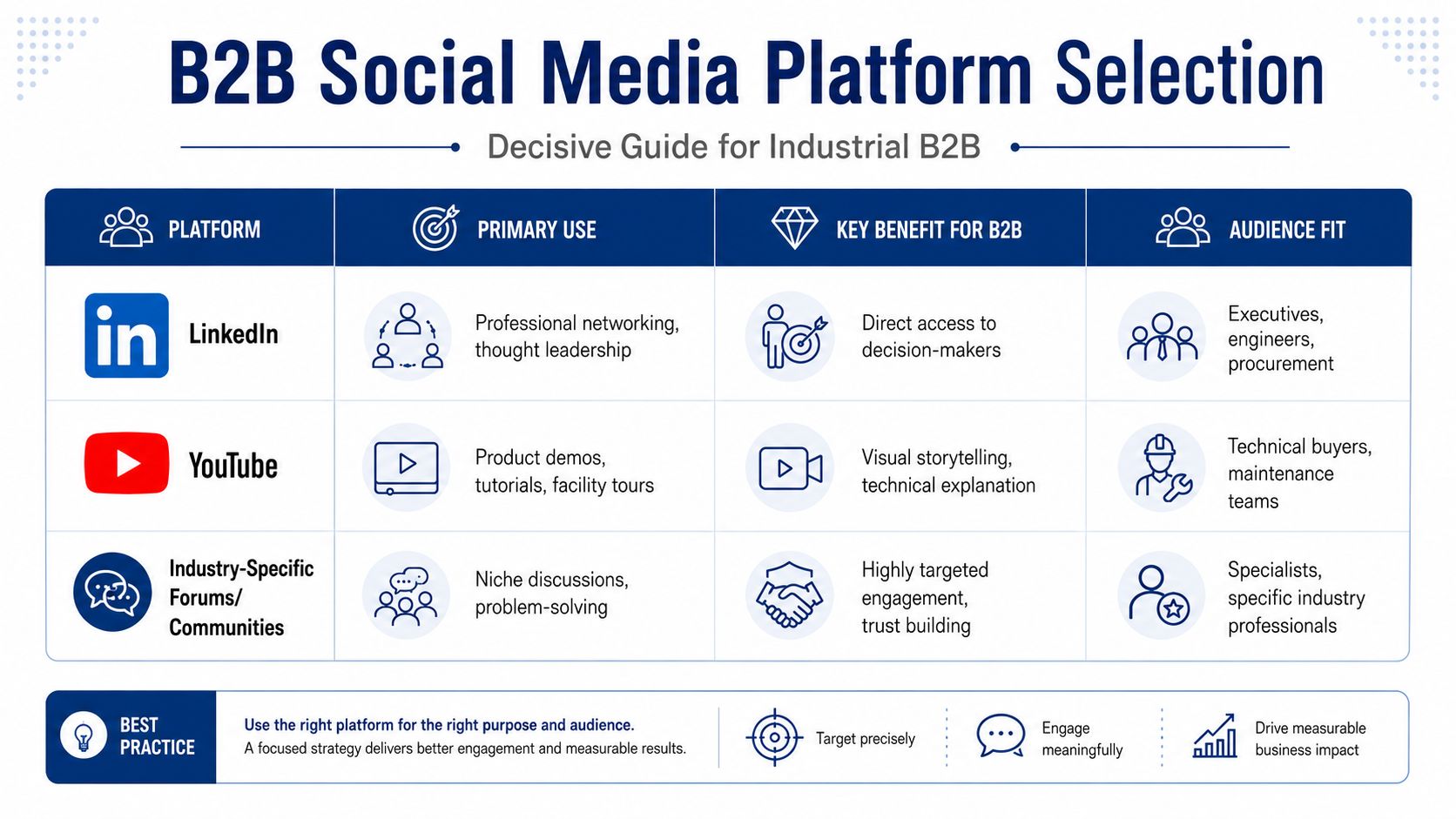 A chart detailing the best social media platforms for B2B industrial marketing, including LinkedIn, YouTube, and niche forums.