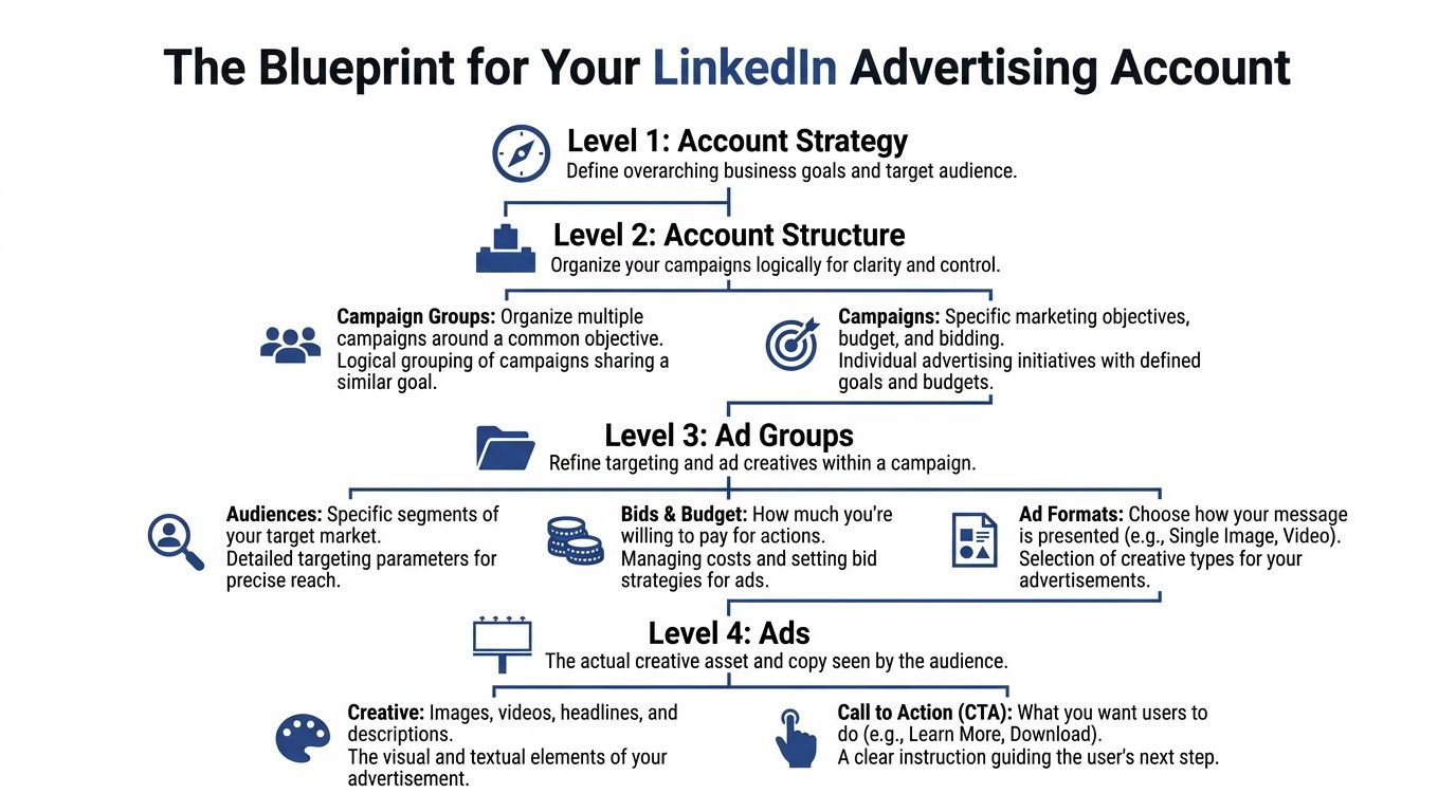 A hierarchical flowchart illustrating the four-level structure of a successful LinkedIn advertising account strategy.