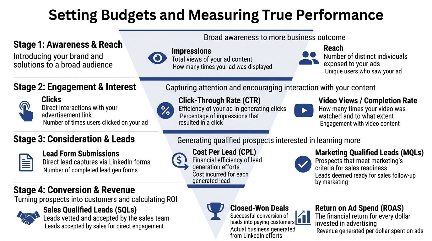 A funnel diagram illustrating the four stages of LinkedIn advertising metrics from awareness to conversion and revenue.