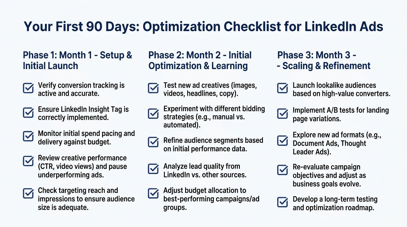 A checklist infographic titled Your First 90 Days outlining LinkedIn Ads optimization strategies across three distinct months.