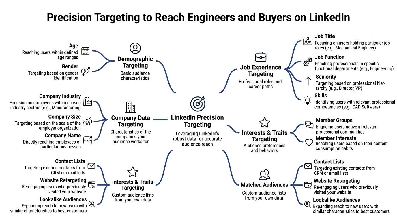 A mind map illustrating various LinkedIn precision targeting strategies for reaching professional engineering and buying audiences.