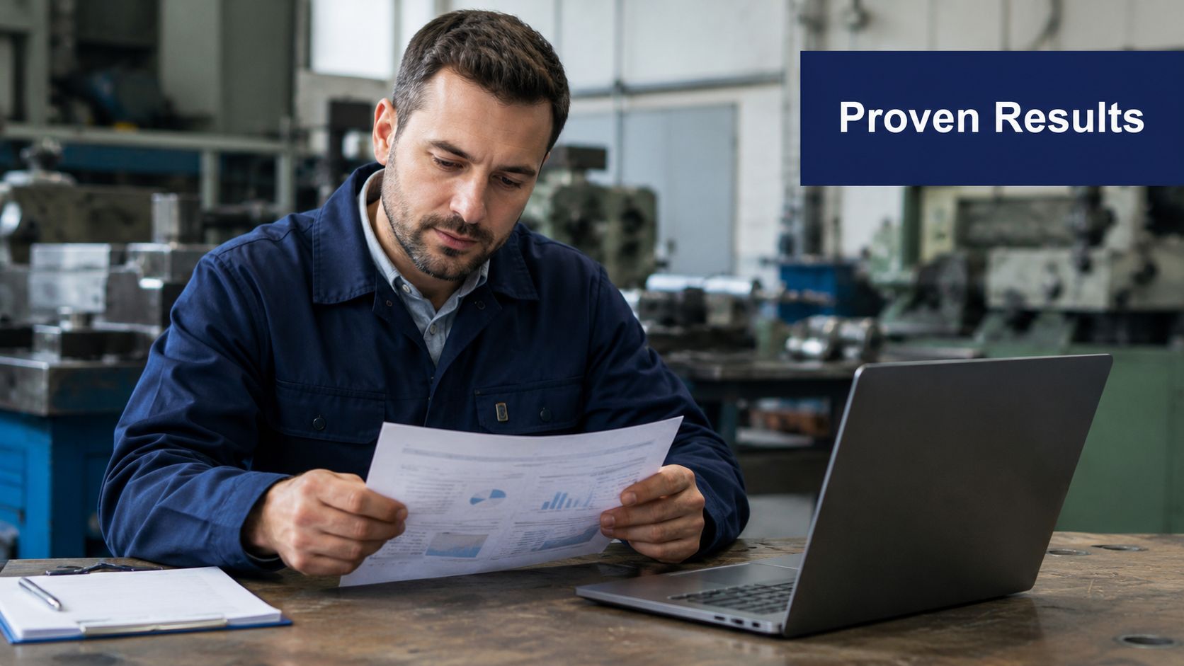 A professional man in work clothes reviews business reports on paper while sitting with a laptop