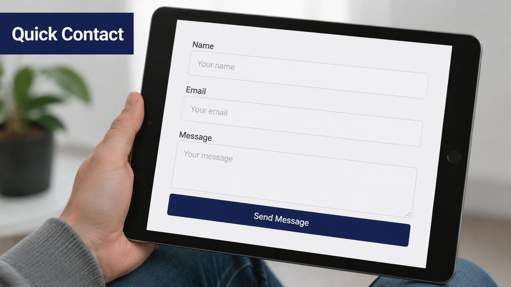 A person holding a tablet displaying a clean and simple contact form for website inquiries.