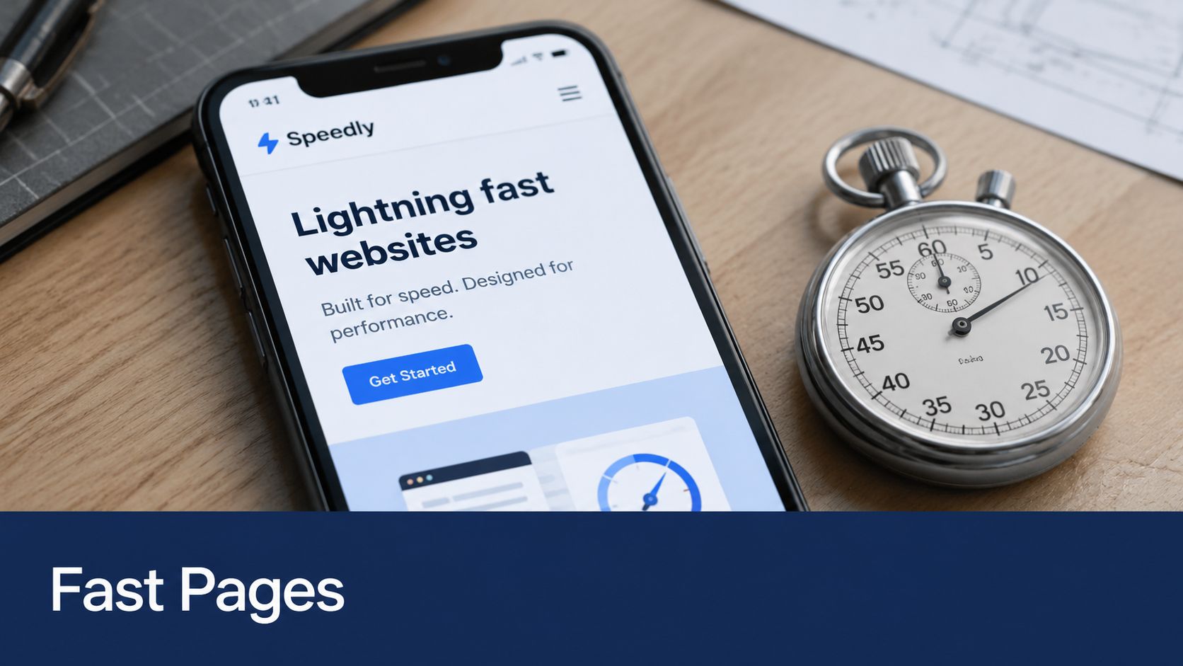 A smartphone showing a website performance landing page beside a physical stopwatch on a wooden table.