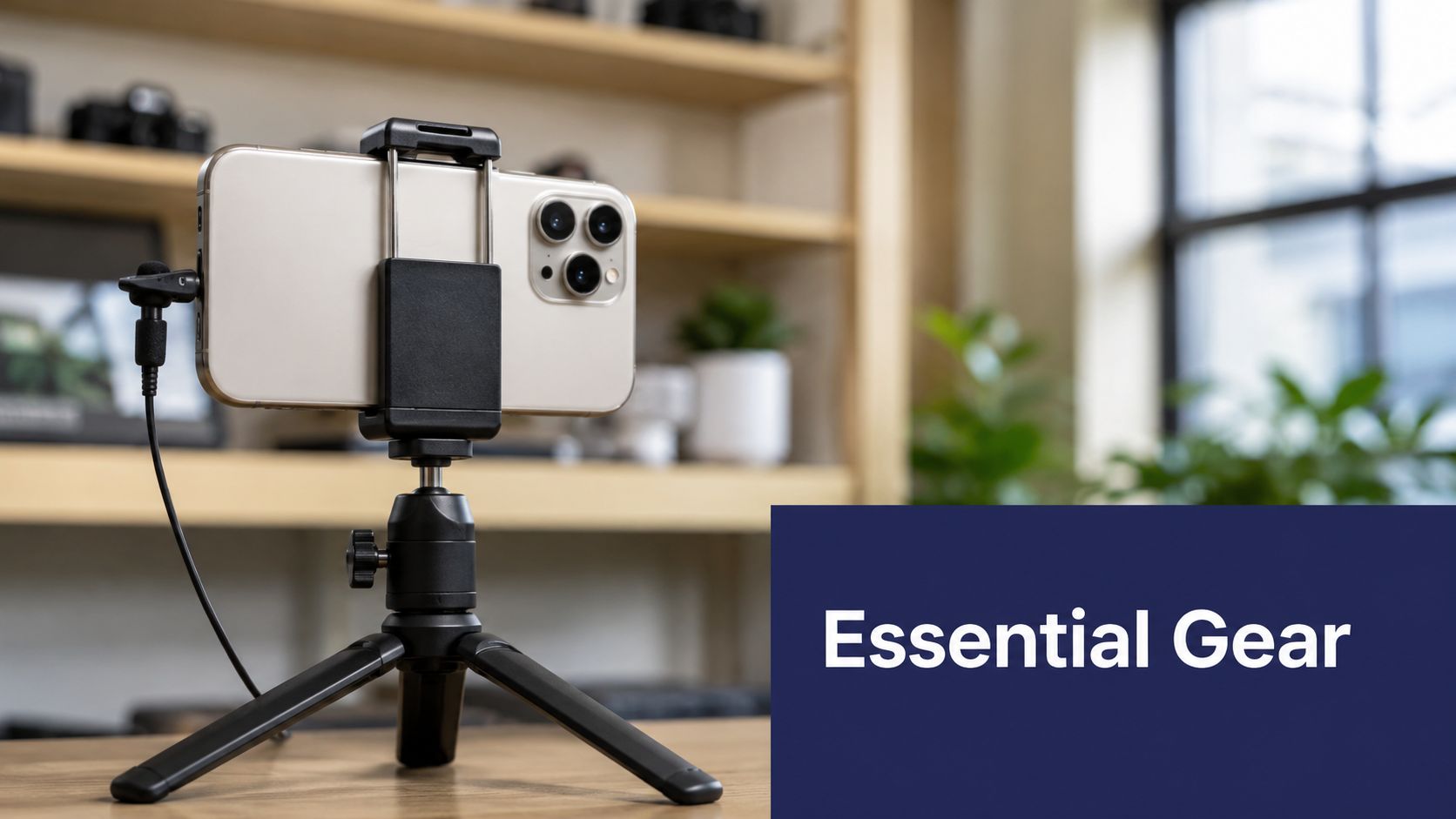 A smartphone mounted on a mini tripod with an external microphone attached for high-quality video recording.