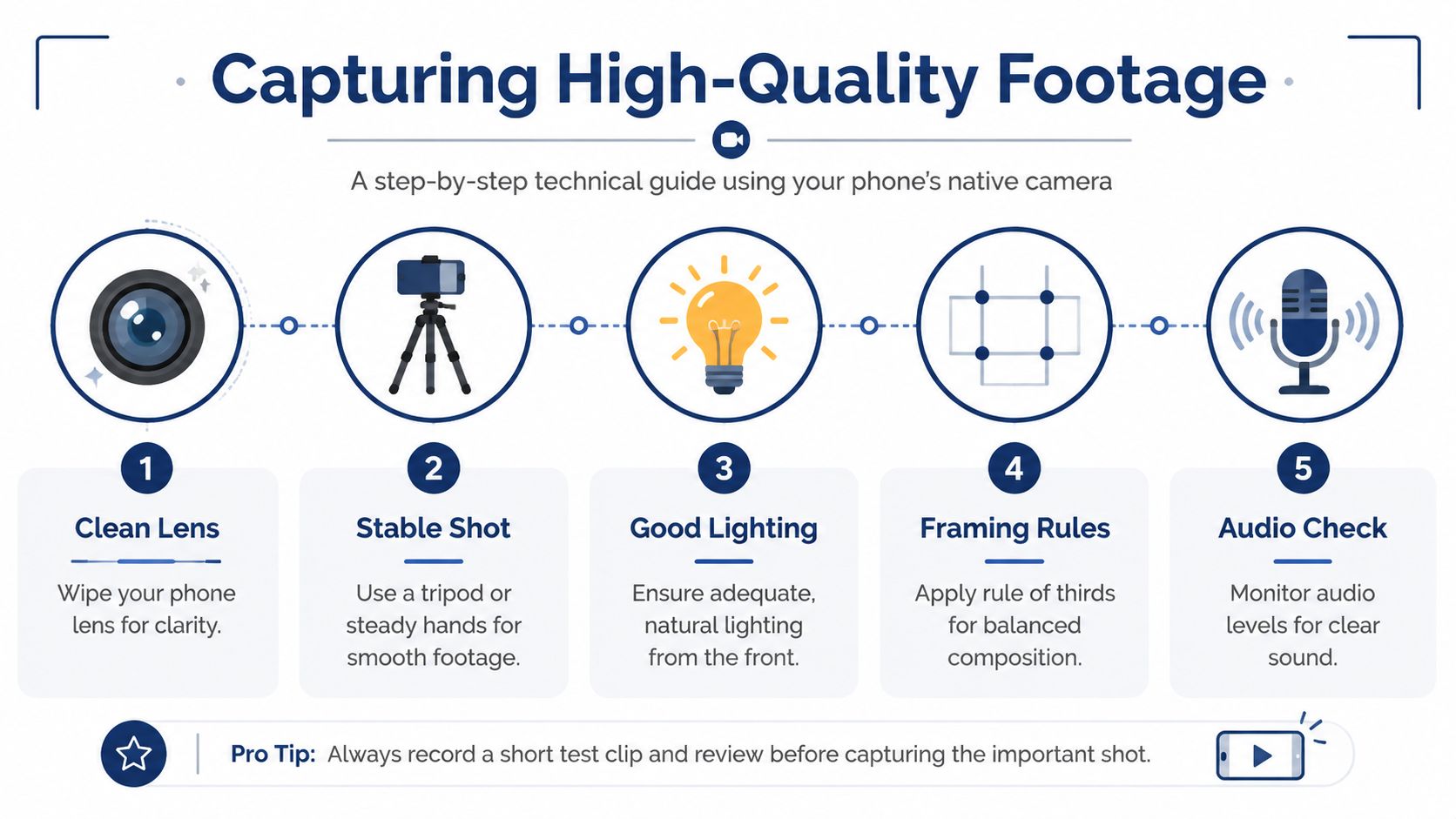 A five-step infographic guide on capturing high-quality video footage using a mobile phone camera.