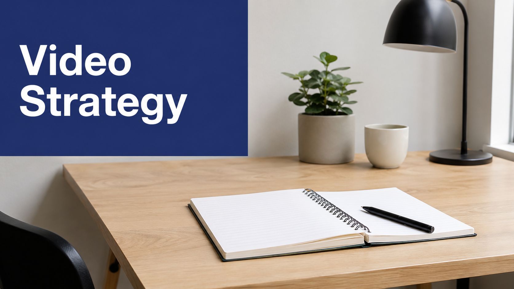 A clean wooden desk workspace with a notepad, pen, plant, and a lamp in the background.
