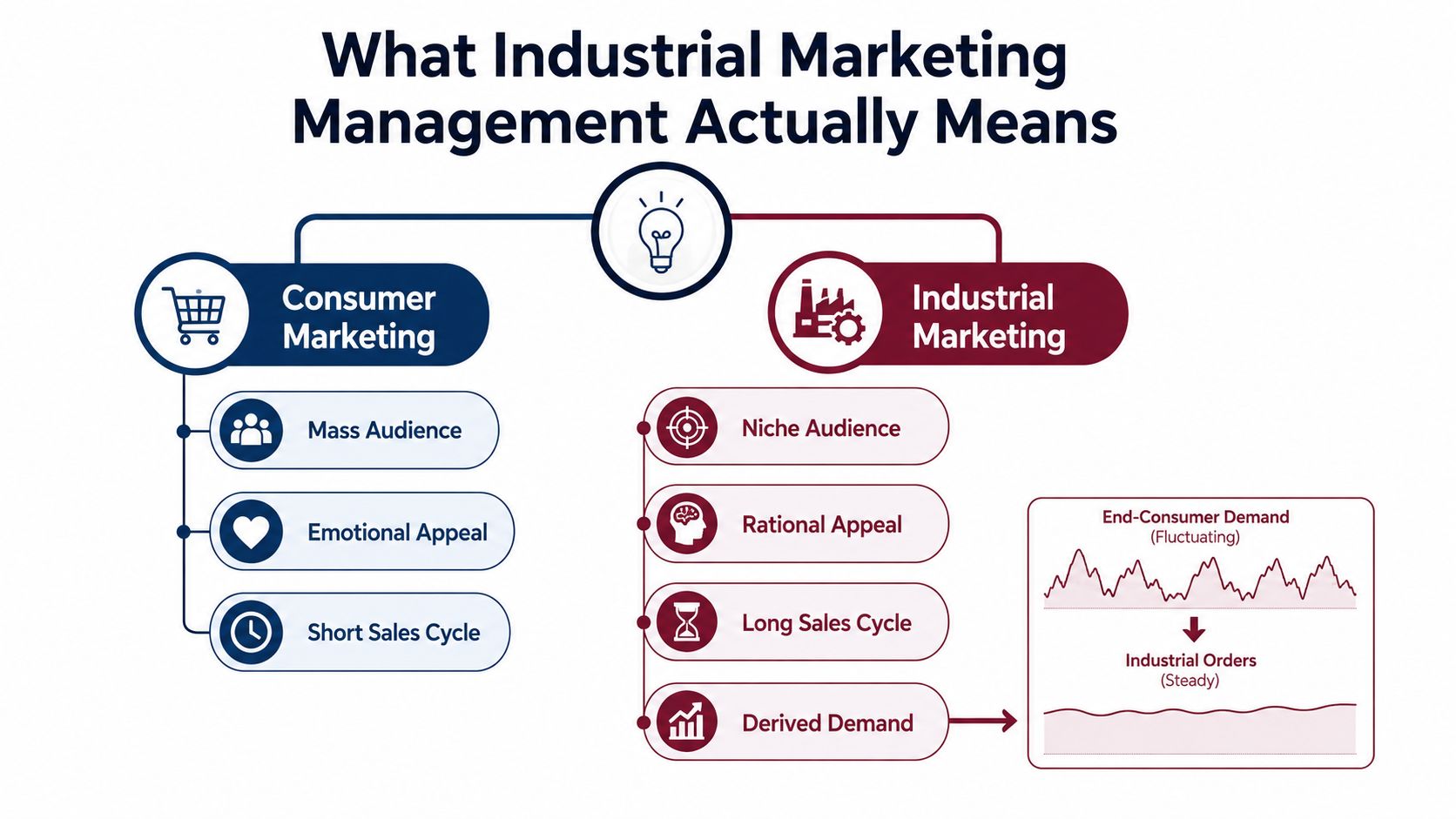 A comparison infographic between consumer marketing and industrial marketing management showing key differences in approach.