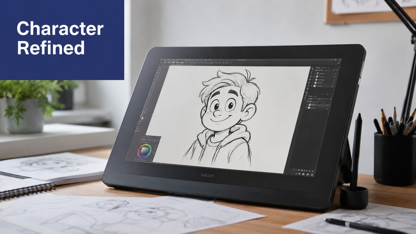 A Wacom graphics tablet displaying a refined character sketch on an artist's desk in a studio.
