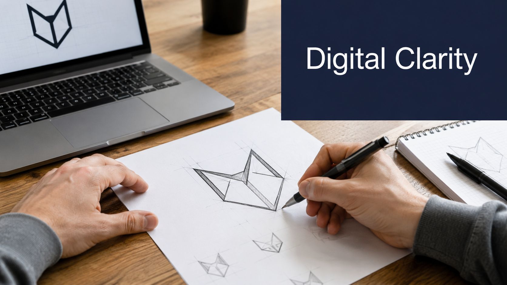 A graphic designer sketching a geometric fox logo design on paper while looking at a digital mockup.