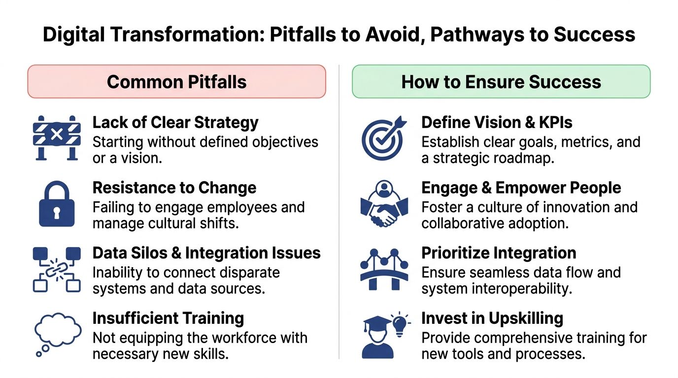 An infographic titled Digital Transformation highlighting common pitfalls to avoid and pathways to ensure business success.