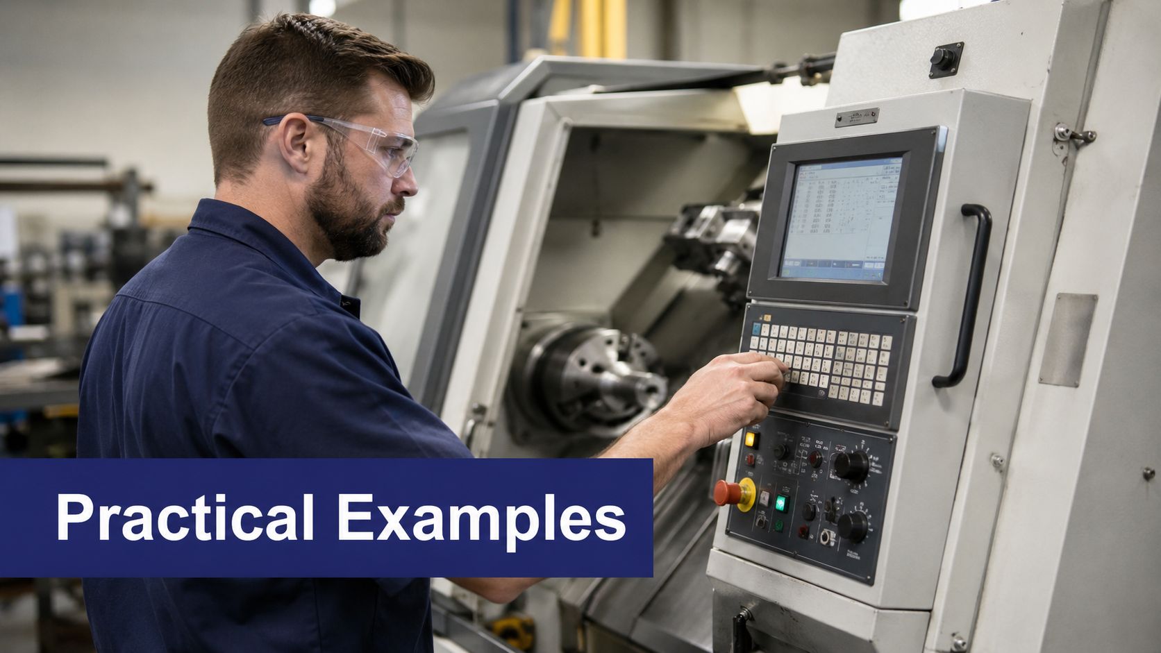 A skilled factory worker operates a CNC machine control panel in a professional industrial workshop setting.