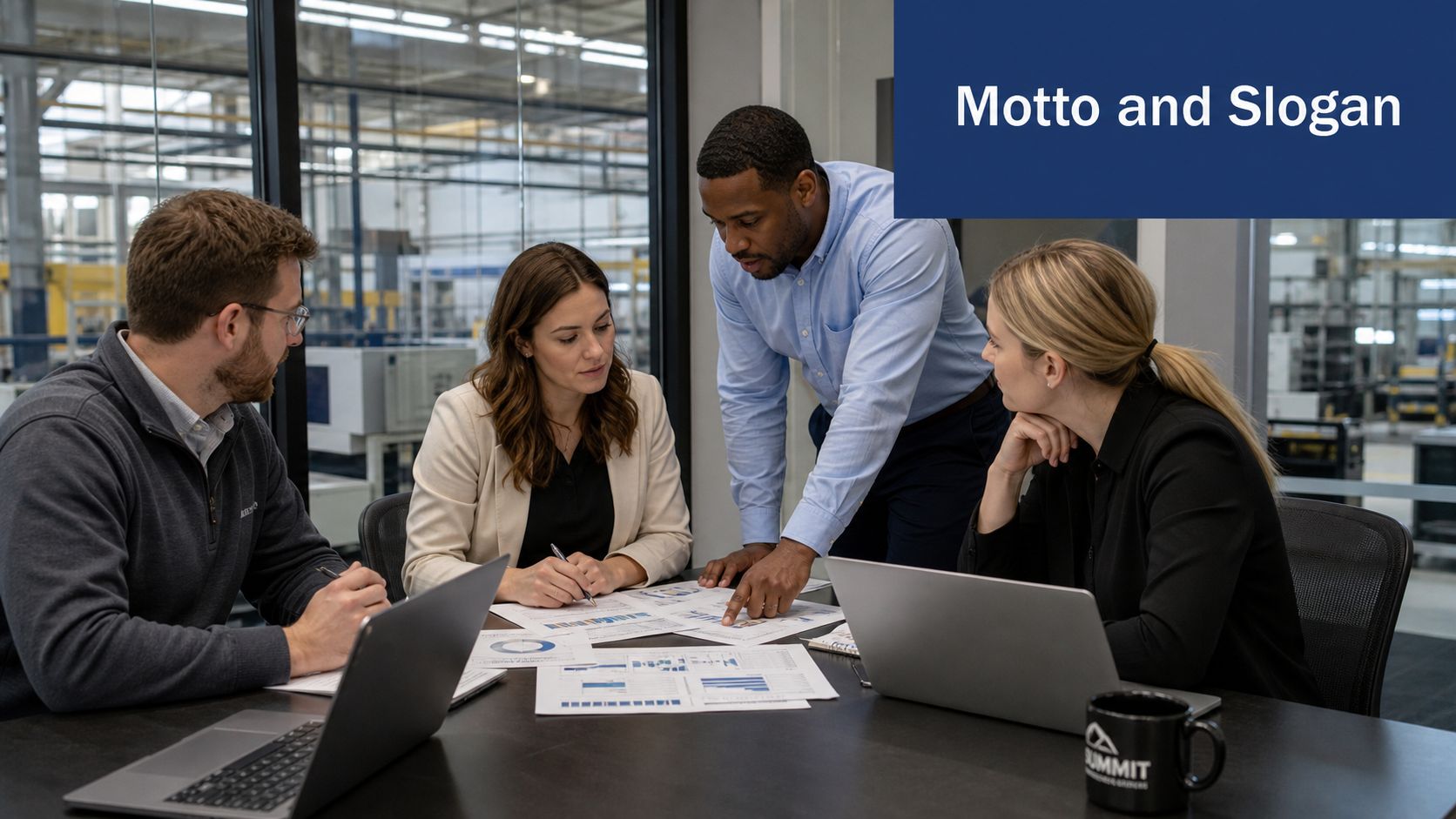 A diverse group of business professionals collaborating on documents at a table in a modern office environment.