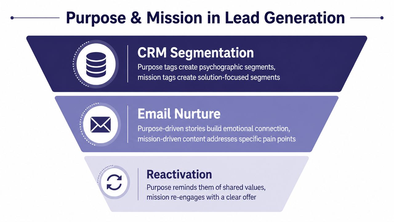 A funnel diagram explaining the role of purpose and mission in lead generation and marketing strategies.